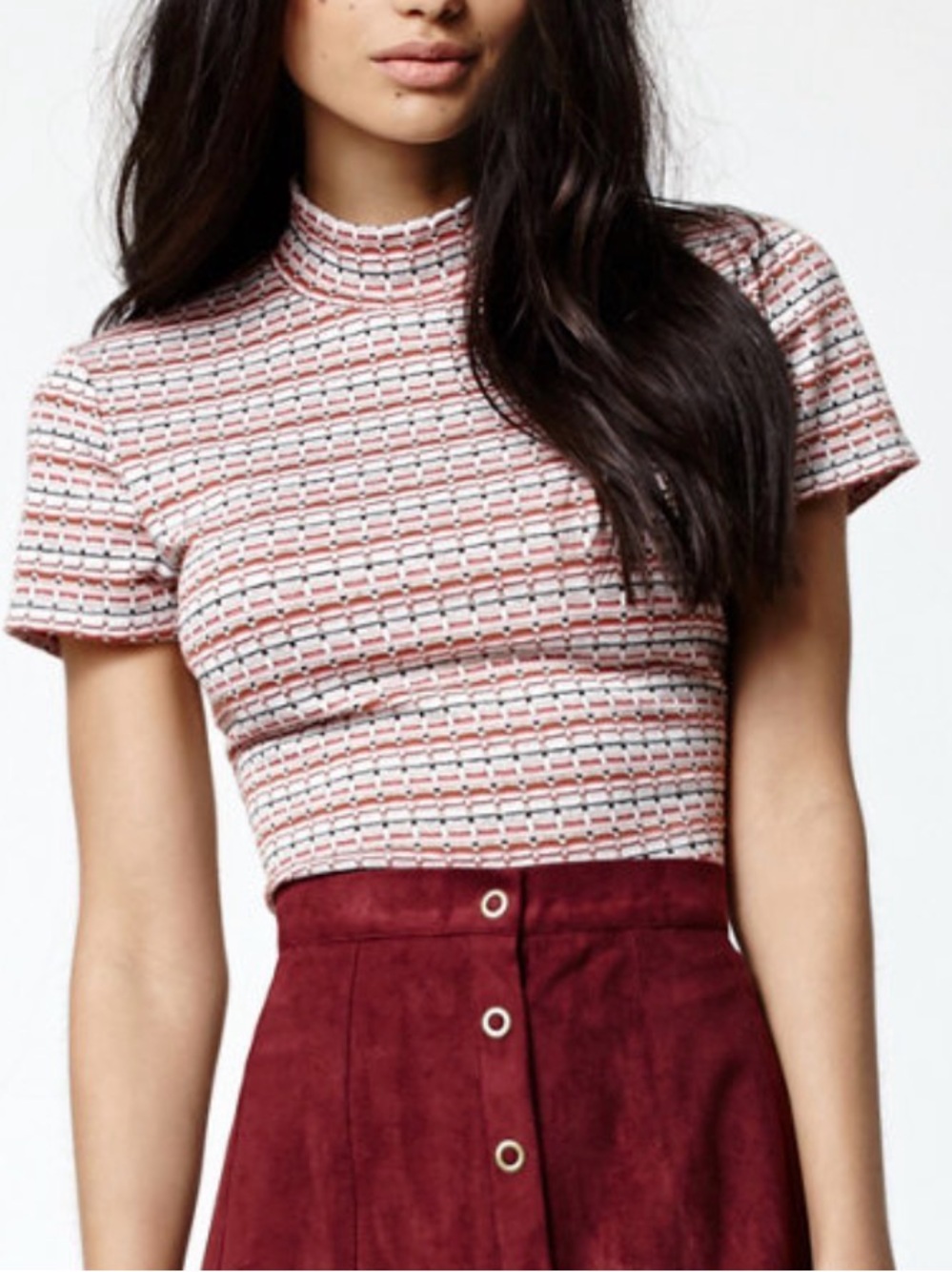 Kendall and Kylie Pacsun Collab Mock Neck Top Sz L short sleeve retro 70s